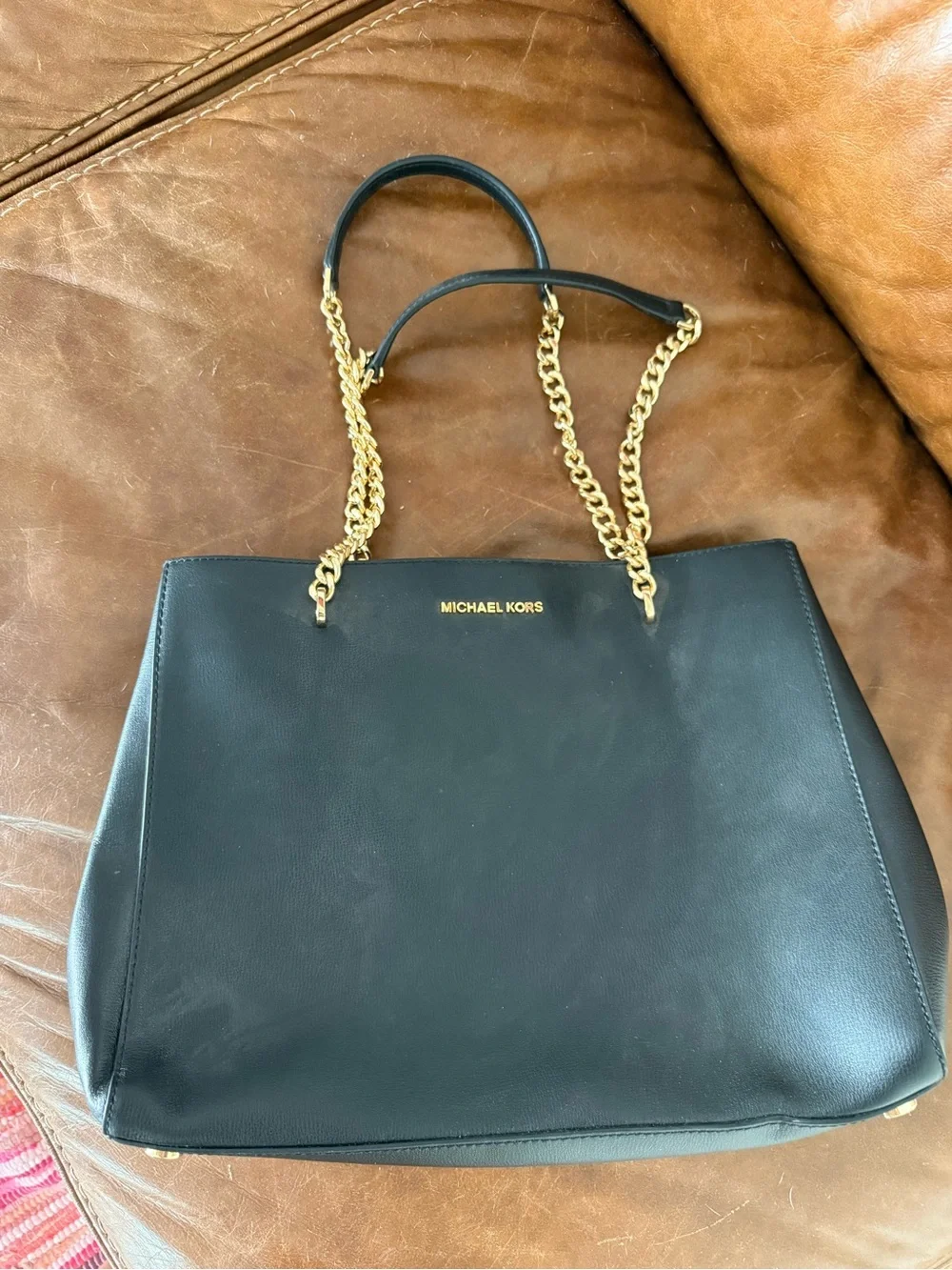 Michael Kors Black Leather Tote with Gold Chain Straps